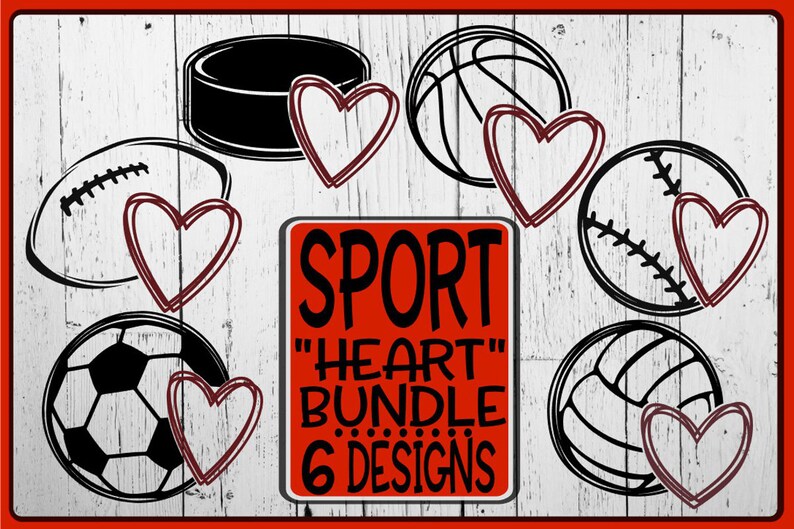 K&ouml;nnte beinhalten: Ein Set aus sechs schwarzen und wei&szlig;en Sportball-Icons mit roten Herzen. Der Text "SPORT "HEART" BUNDLE 6 DESIGNS" befindet sich in einem roten Kasten.