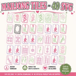 May include: A digital collection of 40 Mahjong tiles in SVG format, featuring pink and green line art illustrations of bamboo, dragons, flowers, and Chinese characters. The graphic includes the text MAHJONG TILES - 40 SVG at the top.