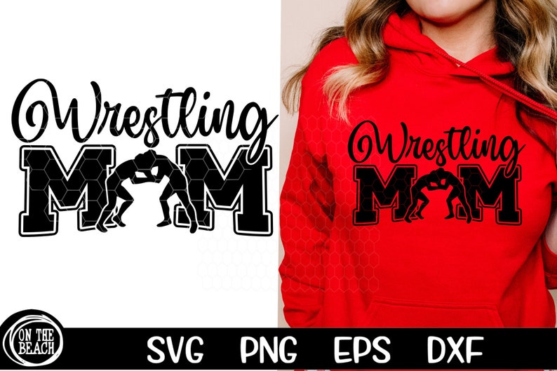 May include: Black and white design of two wrestlers in a wrestling match with the text "Wrestling Mom" in a black and white honeycomb pattern.