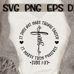 May include: A black and white graphic design with a cross and the text "It does not make things easier, it makes them possible. Faith. Luke 1:37."
