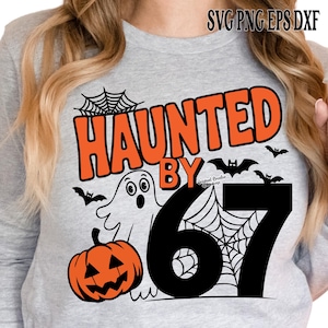 May include: A gray long-sleeve shirt featuring a Halloween-themed graphic. The design includes the words "HAUNTED BY 67" in orange and black, along with a ghost, pumpkin, bats, and spiderwebs. The shirt is made of a soft material.
