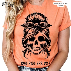 Calavera de moño desordenado SVG PNG Cara de cabello con moño de mamá Clipart Silueta Vector Esqueleto SVG Descarga digital, Calavera de moño desordenado Svg Calavera Halloween