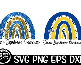 Może przedstawiać: Dwa wzory tęczy w kolorze niebieskim i żółtym z żółtą wstążką w środku. Tekst "Down Syndrome Awareness" znajduje się pod każdą tęczą. Tekst "Original Creator of this design" znajduje się w lewym górnym rogu każdej tęczy.