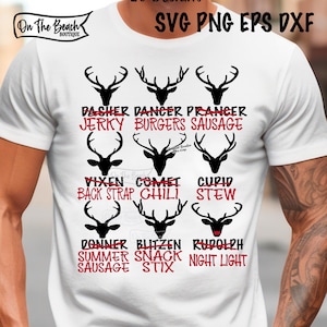 May include: White t-shirt featuring a grid of nine reindeer antlers with humorous food-related words in red beneath each. The shirt includes the text "SVG PNG EPS DXF" at the top and "On The Beach Boutique" at the top left.