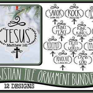 May include: A white Christian tile ornament with the word "JESUS" and "Matthew 1:21". The image also shows 12 other designs with religious words like "Savior" and "Messiah". The text "CHRISTIAN TILE ORNAMENT BUNDLE" is also visible.
