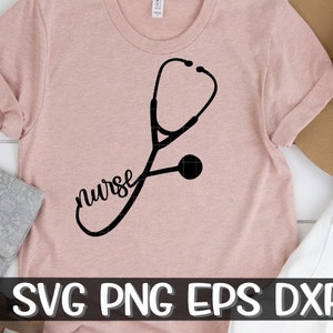 May include: A pink t-shirt with a black stethoscope and the word "nurse" written in a cursive font.