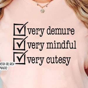 Pode incluir: Uma camiseta rosa com uma lista de verifica&ccedil;&atilde;o que diz "muito recatada", "muito atenta" e "muito fofa".