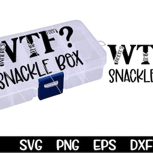 May include: A clear plastic storage box with a blue latch. The box has the text "Where's the food? WTF? Snackle Box" printed on the front.