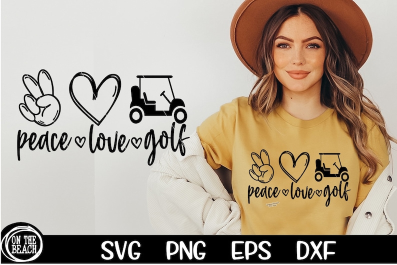 May include: Peace, love, and golf design featuring a peace sign, heart, and golf cart. The design is in black and white and is on a yellow t-shirt.