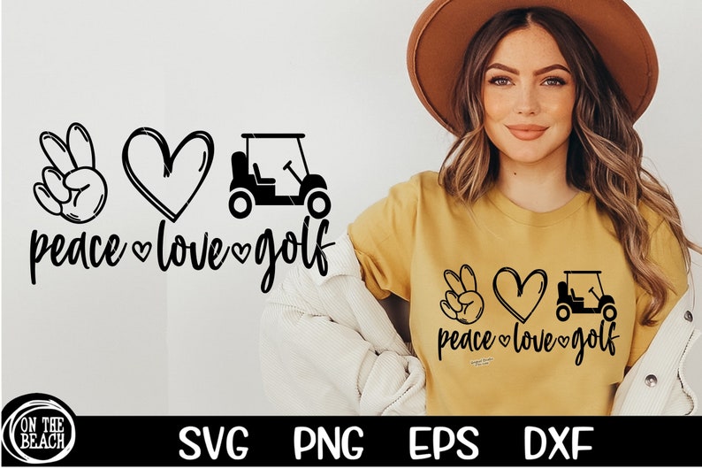 May include: Peace, love, and golf graphic design featuring a peace sign, heart, and golf cart. The design is in black and white and is shown on a yellow t-shirt.
