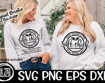 May include: Two women wearing light grey and white sweatshirts. The sweatshirts feature a circular design with the text "PROUD MEMBER OF THE Side Chick CLUB" and holly leaves. The design also includes a list of food items.