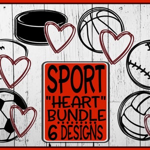 K&ouml;nnte beinhalten: Ein Set aus sechs schwarzen und wei&szlig;en Sportball-Icons mit roten Herzen. Der Text "SPORT "HEART" BUNDLE 6 DESIGNS" befindet sich in einem roten Kasten.