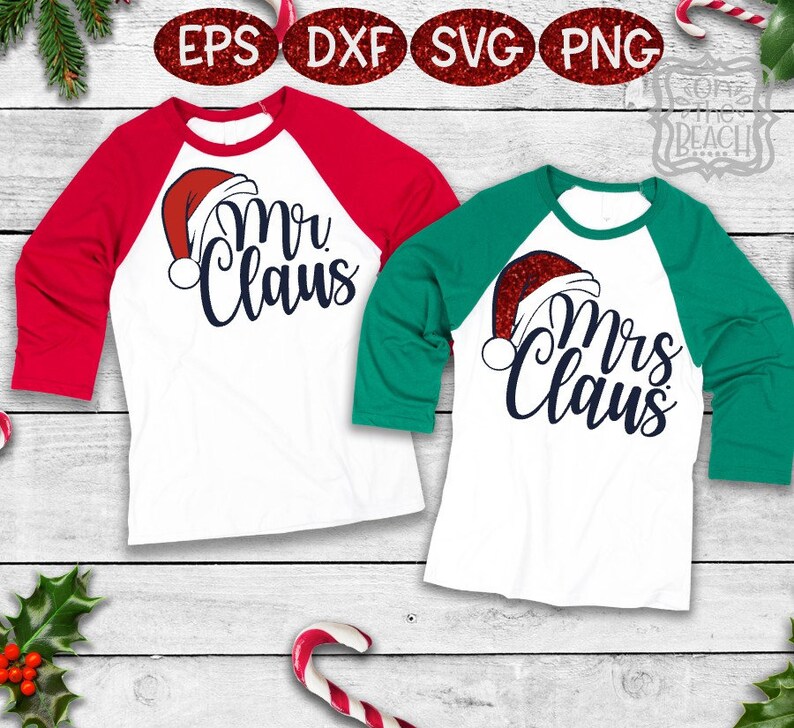 Może przedstawiać: Dwie białe koszulki raglan z czerwonymi i zielonymi rękawami. Jedna koszulka m&oacute;wi "Mr. Claus", a druga "Mrs. Claus" w granatowym skrypcie, każda z grafiką czapki Świętego Mikołaja. Obraz zawiera ikony typ&oacute;w plik&oacute;w.