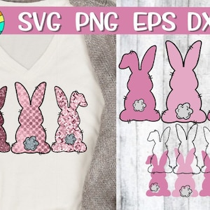 May include: Three pink bunny rabbits with gray tails, and three smaller pink bunny rabbits with gray tails. The larger bunnies are in a row, and the smaller bunnies are in a row below them. The bunnies are all facing the right side of the image.