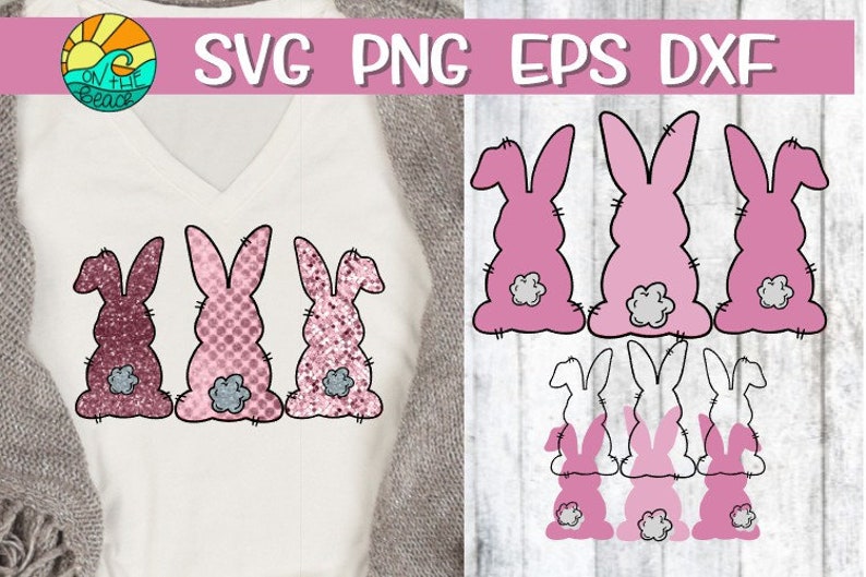 May include: Three pink bunny rabbits with gray tails, and three smaller pink bunny rabbits with gray tails. The larger bunnies are in a row, and the smaller bunnies are in a row below them. The bunnies are all facing the right side of the image.