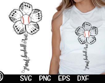 May include: Black and white illustration of a baseball glove flower with a baseball in the center. The text "Proud Baseball Aunt" is written vertically below the flower.