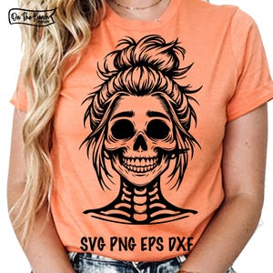 Calavera de moño desordenado SVG PNG Cara de cabello con moño de mamá Clipart Silueta Vector Esqueleto SVG Descarga digital, Calavera de moño desordenado Svg Calavera Halloween