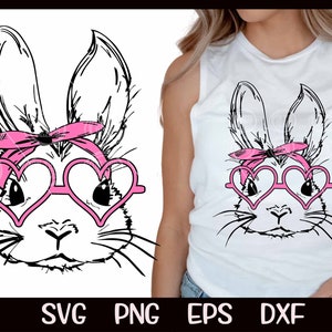 May include: A black and white line drawing of a bunny wearing pink heart-shaped sunglasses and a pink bandana. The bunny is looking directly at the viewer.