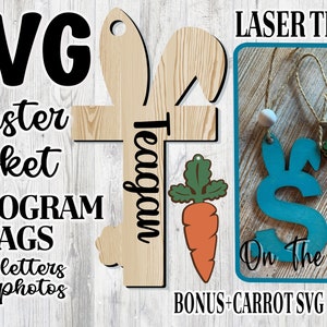 May include: SVG cut files for Easter basket monogram tags. The design includes 26 letters, a bunny, and a carrot. The image shows a wooden bunny cutout with the word "Teagan" written on it, a green carrot with leaves, and a blue bunny cutout with the letter "S". The text "LASER TESTED" is visible in the upper right corner of the image. The text "BONUS+CARROT SVG" is visible in the lower right corner of the image.