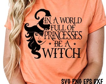 Peut inclure: Un design graphique noir et blanc représentant une sorcière avec un chapeau pointu et le texte "Dans un monde plein de princesses, sois une sorcière".
