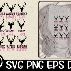 Op de afbeelding: Een digitaal ontwerp met negen rendier-silhouetten met namen en grappige zinnen. De rendieren zijn zwart met roze tekst. De tekst luidt: Dasher Dancer Prancer Jerky Burgers Tacos, Vixen Comet Cupid Back Strap Chili BBQ, Donner Blitzen Rudolph Sausage Stew Night Light. Het ontwerp is op een witte achtergrond met een grijs shirt en een bruine trui op de achtergrond.