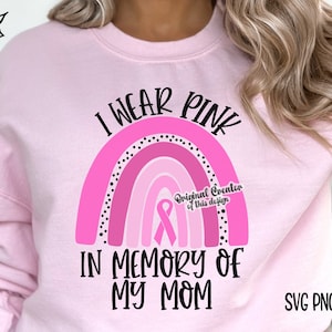 May include: Pink sweatshirt with a rainbow design and the text "I wear pink in memory of my mom".