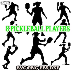 May include: Eight black silhouette images of pickleball players in various poses, holding paddles. The text "8 PICKLEBALL PLAYERS" is in green letters above the images. The text "SVG PNG EPS DXF" is below the images.