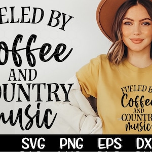 May include: A yellow t-shirt with black text that reads "Fueled by Coffee and Country Music". The shirt is being modeled by a person wearing a brown hat.