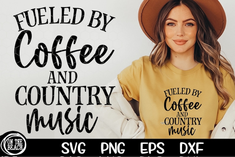May include: A yellow t-shirt with black text that reads "Fueled by Coffee and Country Music". The shirt is being modeled by a person wearing a brown hat.