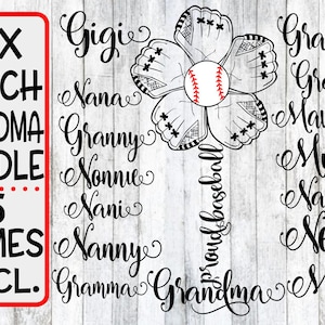 BUNDLE - Namen enthalten - Baseball Oma - Blumen Mitt - SVG Stolze Baseball Oma, Baseball Blume, Baseball Blume, Gigi, Nana, Mama