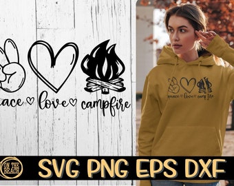 May include: Peace, love, and campfire design with a peace sign, heart, and campfire graphic. The design is printed on a yellow hoodie.