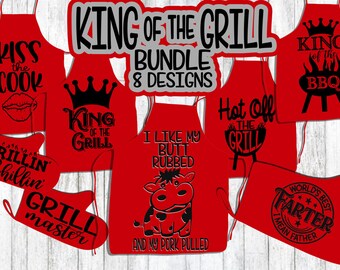 May include: A set of eight red aprons and oven mitts with various grilling-themed designs. The designs include "Kiss the Cook", "King of the Grill", "Grillin' & Chillin', "Grill Master", "I Like My Butt Rubbed and My Pork Pulled", "Hot Off the Grill", "King of the BBQ", and "World's Best Farter (I Mean Father)".