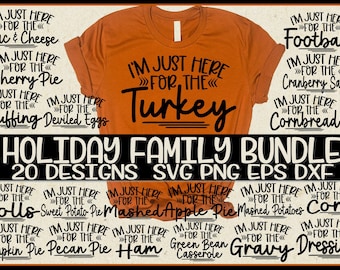 Könnte beinhalten: Ein digitales Design-Paket für Thanksgiving mit 20 verschiedenen Designs mit dem Text "Ich bin nur hier für den..." gefolgt von verschiedenen Thanksgiving-Gerichten wie Truthahn, Füllung, Cranberry-Sauce und mehr. Die Designs sind in Schwarzweiß gehalten und auf einem braunen Hintergrund dargestellt.