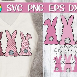 May include: Three pink bunny rabbit silhouettes with a gray tail. The bunnies are arranged in a row. The image is for a digital download of a cut file.
