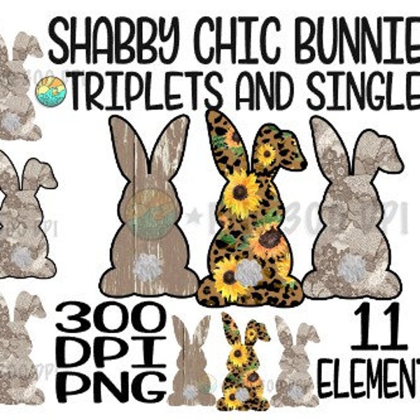 Shabby Chic Bunny - 11 Elements - PNGS, Sublimation, Print Cut, Cute Easter PNG, Easter PNG, Easter Bunny png, Sunflower, Lace, Leopard,Wood