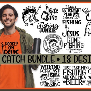 May include: A digital download of 18 fishing-themed designs. The designs feature various fishing-related phrases and images, including fish, hooks, and fishing rods. The designs are in black and white and are perfect for creating t-shirts, mugs, and other merchandise.