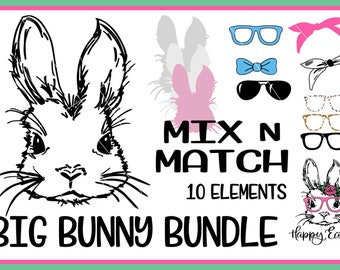 BIG BUNNY Bundle Mix Match Make Your Own  Bunny With Glasses Svg Leopard Kid's Easter Design Cute Easter Svg  Sublimation Easter Bunny