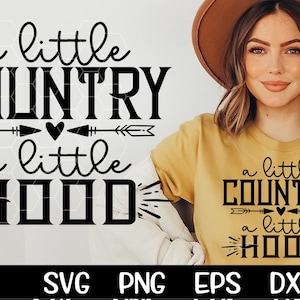 May include: A black and white graphic design with the text "a little COUNTRY a little HOOD" and two arrows with hearts. The graphic is on a white background.