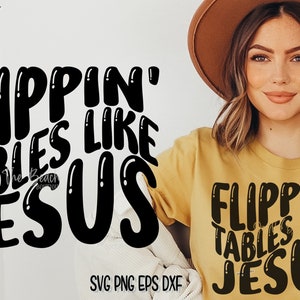 May include: A yellow t-shirt with black text that reads "Flipping Tables Like Jesus".