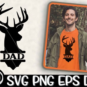 May include: A black and white silhouette of a deer head with antlers, with the word "DAD" in a banner below. The image is on a white background.
