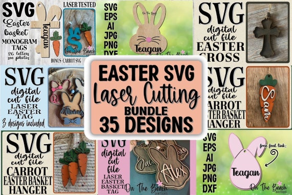 Easter Bunny Basket Tag SVG Laser Glowforge 35 DESIGNS Basket Tag Easter Laser File Cut File Glowforge Lasers Design Cut File Cutting Cricut