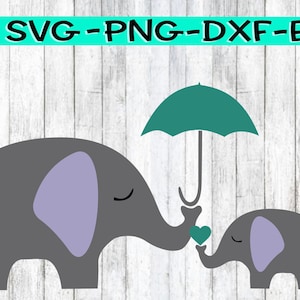 Może przedstawiać: Szary słoń trzymający turkusowy parasol nad mniejszym szarym słoniem. Oba słonie mają fioletowe uszy i zamknięte oczy. Słonie trzymają zielone serce.