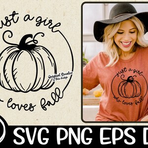 May include: A black and white graphic design featuring a pumpkin and the text "just a girl who loves fall".