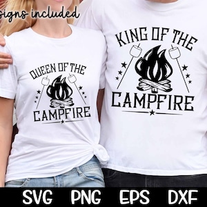 May include: Two white t-shirts with black text and graphics. The text on the shirts reads "King of the Campfire" and "Queen of the Campfire". Both shirts feature a campfire with flames and marshmallows.