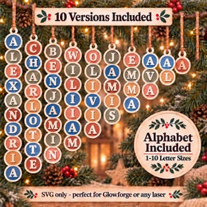 May include: A digital design file set featuring 10 versions of vertical hanging name ornaments with circular letter tags in blue, red, and beige. Includes a circular sign with the text Alphabet Included 1-10 Letter Sizes and 10 Versions Included.
