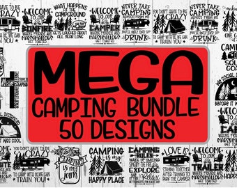 Può includere: Un design grafico rosso e nero con il testo "MEGA CAMPING BUNDLE 50 DESIGNS". L'immagine presenta 16 diversi design a tema campeggio con testi come "Benvenuti al nostro camper", "Non prendere mai consigli di campeggio da me", "Il campeggio è la mia passione", e "L'amore è stare insieme dopo aver provato a parcheggiare il camper".