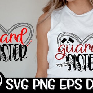 Könnte beinhalten: Weißes Tanktop mit herzförmigem Design. Das Design zeigt die Wörter "guard sister" in Rot und Schwarz, zwei gekreuzte Flaggen und den Text "Original Creator of this design".