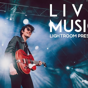 May include: A musician on stage playing a red electric guitar with a microphone stand in the background. The text "LIVE MUSIC LIGHTROOM PRESETS" is displayed on the image.