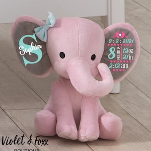 monogramed Elephant stuffed animal keepsake baby stats
