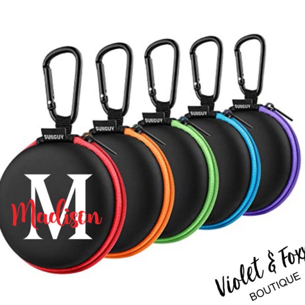 Personalized zipper case Earbud or hearing aid case carabiner key chain holder 5 colors available